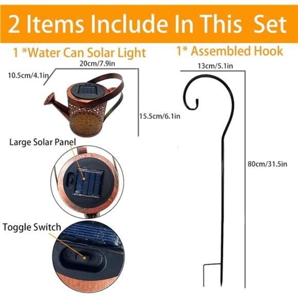 Solar Lanterns Outdoor Waterproof,Metal Watering Can Garden Decor - Picture 6 of 7